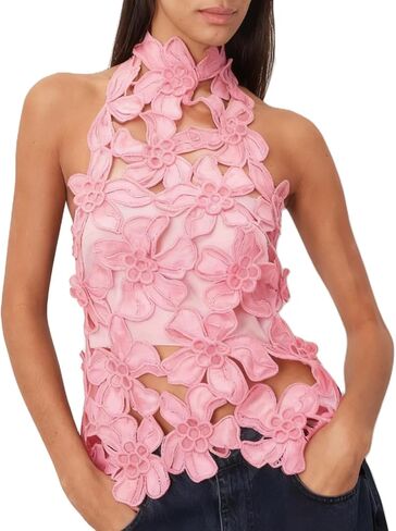 Women Y2k Hollow Out Floral Halter Top 3D Flower Mock Neck Tank Top Summer Sexy Backless Going Out Tops in Kuwait