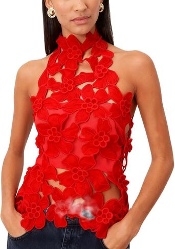 Women Y2k Hollow Out Floral Halter Top 3D Flower Mock Neck Tank Top Summer Sexy Backless Going Out Tops in Saudi Arabia