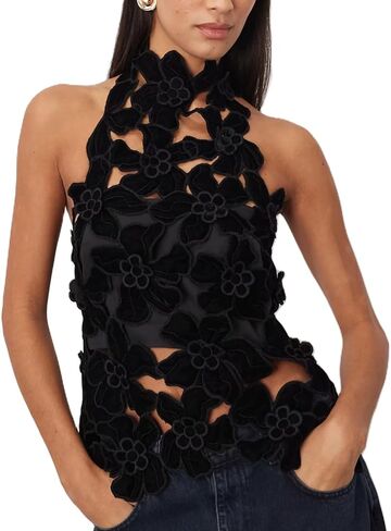 Women Y2k Hollow Out Floral Halter Top 3D Flower Mock Neck Tank Top Summer Sexy Backless Going Out Tops in Saudi Arabia