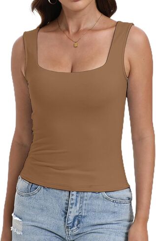 Dwnval Womens Sexy Square Neck Crop Tops Double Lined Sleeveless Halter Slim Fit Tank Top in Kuwait