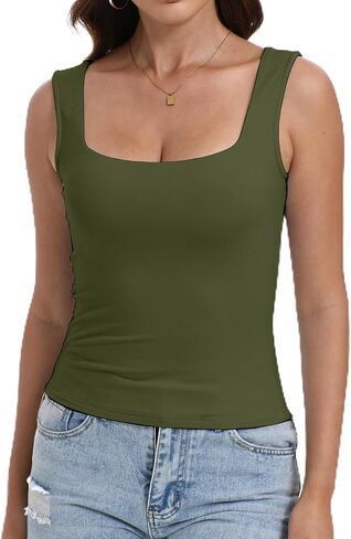Dwnval Womens Sexy Square Neck Crop Tops Double Lined Sleeveless Halter Slim Fit Tank Top in Saudi Arabia