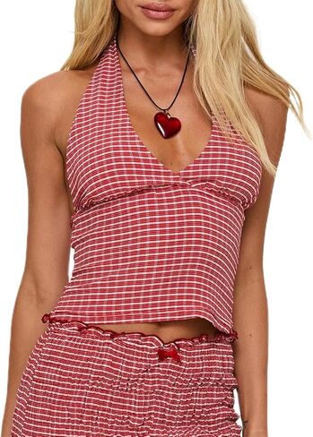 سترة نسائية مثيرة هالتر من القماش القطني بدون أكمام ورقبة على شكل حرف v بدون ظهر منقوشة Y2K سترة مقصوصة ضيقة ملابس الشارع in Kuwait