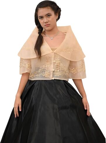 Maria Clara Filipiniana, Beige Embroidered Top, Formal Traditional Filipino Wear in Saudi Arabia