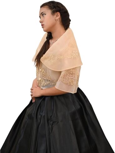 Maria Clara Filipiniana, Beige Embroidered Top, Formal Traditional Filipino Wear in Saudi Arabia