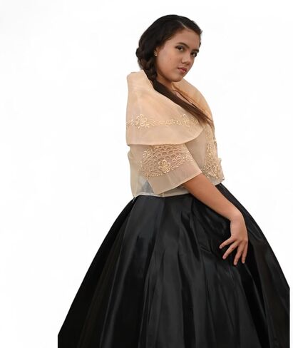 Maria Clara Filipiniana, Beige Embroidered Top, Formal Traditional Filipino Wear in Saudi Arabia