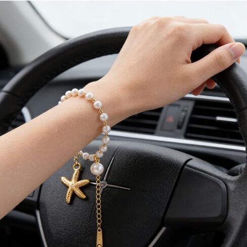 Steering Wheel Charm Accessory,Cute Beachy Hanging Charm for Rear View Mirror,Starfish Peral Pendant Car Decor for Women,Summer Tropical Hawaii Boho Dangle Ornament Car Accessories in Kuwait