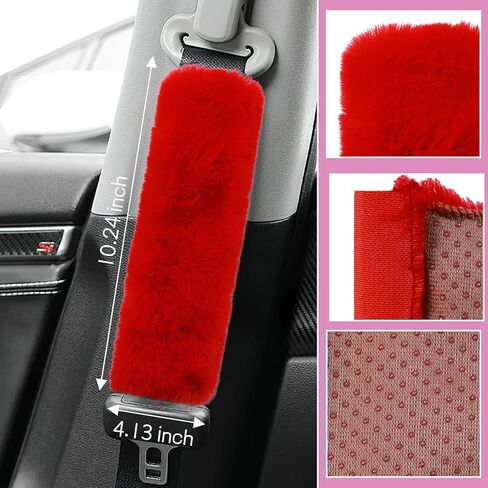 Wuyaoyao 10PCS Fluffy Car Accessories Set for Women Girls, Cute Furry Steering Wheel Cover, Gear Shift & Handbrake Cover, Armrest Pad, Seat Belt Shoulder Pads, Diamond Ignition Ring & Cup Mats (Red) in Saudi Arabia