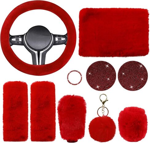 Wuyaoyao 10PCS Fluffy Car Accessories Set for Women Girls, Cute Furry Steering Wheel Cover, Gear Shift & Handbrake Cover, Armrest Pad, Seat Belt Shoulder Pads, Diamond Ignition Ring & Cup Mats (Red) in Saudi Arabia