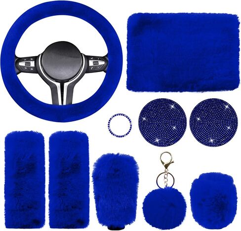 Wuyaoyao 10PCS Fluffy Car Accessories Set for Women Girls, Cute Furry Steering Wheel Cover, Gear Shift & Handbrake Cover, Armrest Pad, Seat Belt Shoulder Pads, Diamond Ignition Ring & Cup Mats (Red) in Saudi Arabia