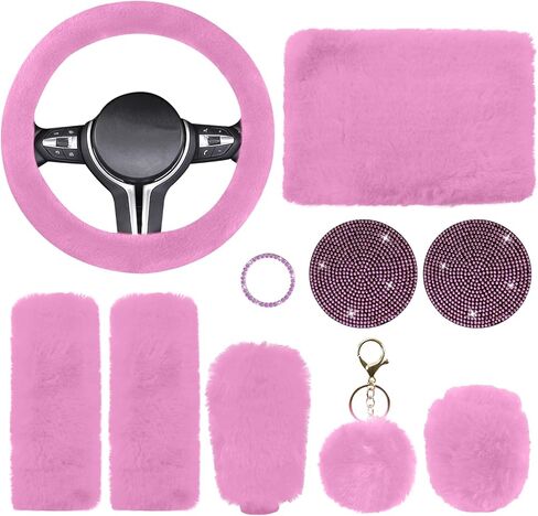 Wuyaoyao 10PCS Fluffy Car Accessories Set for Women Girls, Cute Furry Steering Wheel Cover, Gear Shift & Handbrake Cover, Armrest Pad, Seat Belt Shoulder Pads, Diamond Ignition Ring & Cup Mats (Red) in Saudi Arabia