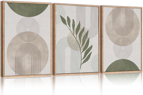 مجموعة فنون جدارية من القماش مؤطرة من HPINUB Sage Green Boho، ديكور حائط نباتي باللون البيج والأخضر التجريدي، لوحة قماشية بخط هندسي تجريدي لغرفة المعيشة، غرفة الطعام، ديكور المكتب-24 × 36 × 3 in Kuwait