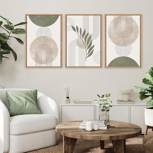 مجموعة فنون جدارية من القماش مؤطرة من HPINUB Sage Green Boho، ديكور حائط نباتي باللون البيج والأخضر التجريدي، لوحة قماشية بخط هندسي تجريدي لغرفة المعيشة، غرفة الطعام، ديكور المكتب-24 × 36 × 3 in Kuwait