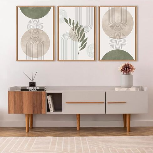 مجموعة فنون جدارية من القماش مؤطرة من HPINUB Sage Green Boho، ديكور حائط نباتي باللون البيج والأخضر التجريدي، لوحة قماشية بخط هندسي تجريدي لغرفة المعيشة، غرفة الطعام، ديكور المكتب-24 × 36 × 3 in Kuwait