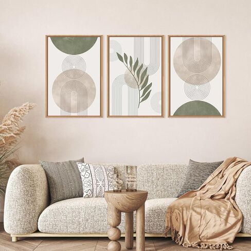 مجموعة فنون جدارية من القماش مؤطرة من HPINUB Sage Green Boho، ديكور حائط نباتي باللون البيج والأخضر التجريدي، لوحة قماشية بخط هندسي تجريدي لغرفة المعيشة، غرفة الطعام، ديكور المكتب-24 × 36 × 3 in Kuwait