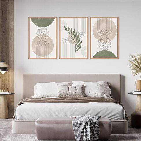 مجموعة فنون جدارية من القماش مؤطرة من HPINUB Sage Green Boho، ديكور حائط نباتي باللون البيج والأخضر التجريدي، لوحة قماشية بخط هندسي تجريدي لغرفة المعيشة، غرفة الطعام، ديكور المكتب-24 × 36 × 3 in Kuwait