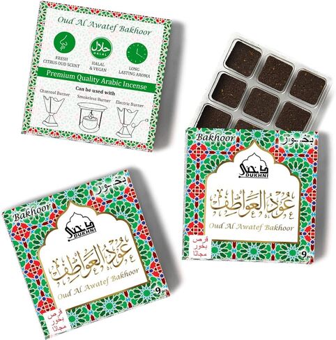 Oud Al Awatef Bakhoor by Dukhni | 3 Boxes x 9 Piece Each | Arabic Bakhoor Incense| Fresh Citrus Oud Blend | Perfect for Prayer Time | to Relax & Meditate | Handmade Traditional Recipe in Kuwait