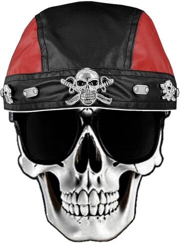 Skull Studs Cycling Bandana Doo Rags Red and Black Splicing Cap Punk Rock Biker Party Leather Cap in Kuwait