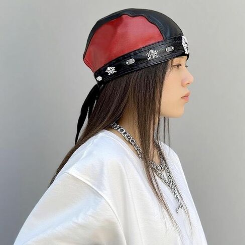 Skull Studs Cycling Bandana Doo Rags Red and Black Splicing Cap Punk Rock Biker Party Leather Cap in Kuwait