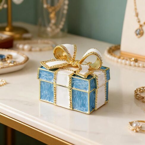 صندوق هدايا مجوهرات صغير للقلادة، والأقراط، والسوار، وهدايا نسائية، تصميم عقدة من السبائك، نمط شبكي باللونين الأزرق والأبيض، بريق معدني، حرفة مينا رائعة، حماية داخلية للوسادة in Kuwait