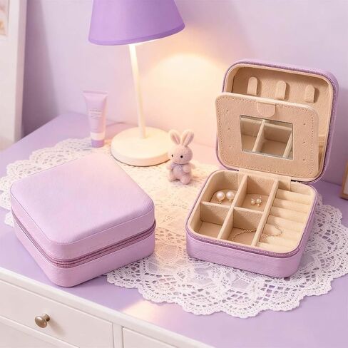 Mini Jewelry Box with Vanity Mirror, Portable Travel Jewelry Organizer with Double-Sided Mirror and Multiple Storage Compartments, Compact Makeup Jewelry Case for Earrings and Rings(Purple) in Saudi Arabia