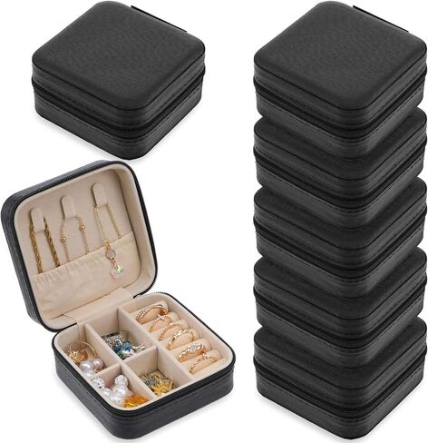 6pcs Mini Travel Jewelry Case,Black Bridesmaids Proposal Small Jewelry Box Mini Jewelry Organizer,Small PU Leather Portable Storage Box for Rings,Earrings,Necklaces,Pendants,Bracelets in Kuwait