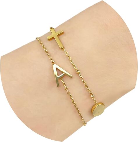 Fun-Plus 2-Piece Gold Bracelet Set for Women, Initial & Cross Jewelry Gift for Teen Girls Best Friend Daughter Sister, with Lavender Sachet Card & Velvet Pouch for Birthday Christmas in Kuwait
