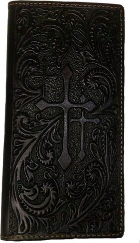 Premium Genuine Leather Floral Tooled Laser Cut Woven Men's Long Bifold Wallet in 3 Colors (Black) in Kuwait