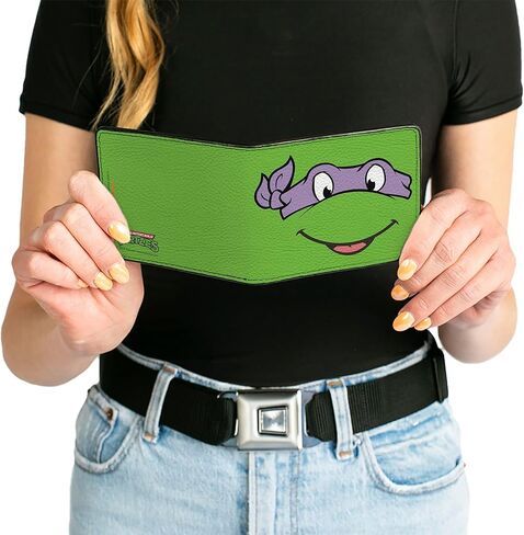Teenage Mutant Ninja Turtles Men's Standard Buckle-Down PU Bifold Wallet-Classic TMNT Donatello Face Close-UP Green/Purple, Multicolor, 4.0" x 3.5" in Saudi Arabia