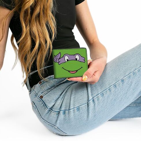 Teenage Mutant Ninja Turtles Men's Standard Buckle-Down PU Bifold Wallet-Classic TMNT Donatello Face Close-UP Green/Purple, Multicolor, 4.0" x 3.5" in Saudi Arabia