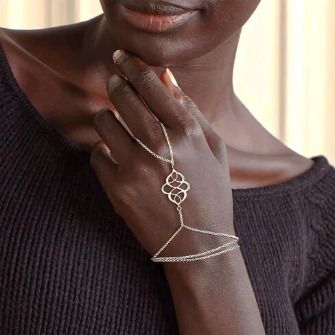 925 Sterling Silver Hand Chain Boho Finger Ring Bracelet for Women Dainty Adjustable Floral Layered Chain Slave Bracelets, Sterling Silver Durable Waterproof Summer Beach Vocation Finger Ring Jewelry in Kuwait