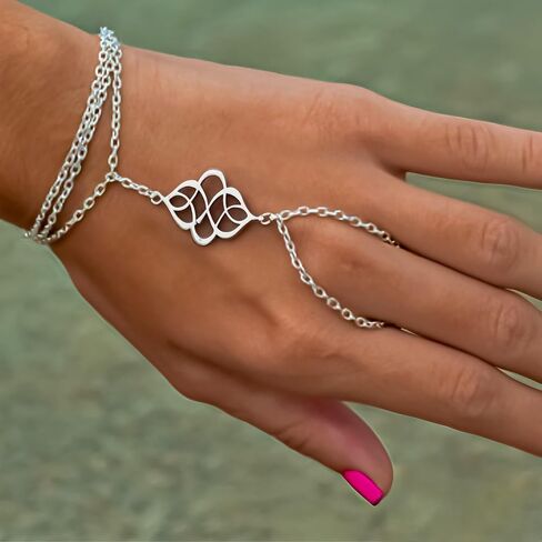 925 Sterling Silver Hand Chain Boho Finger Ring Bracelet for Women Dainty Adjustable Floral Layered Chain Slave Bracelets, Sterling Silver Durable Waterproof Summer Beach Vocation Finger Ring Jewelry in Kuwait