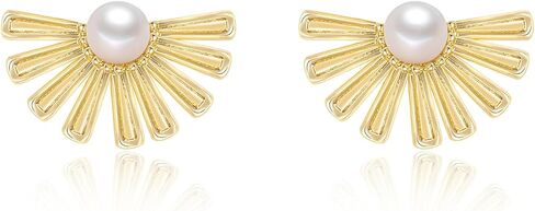 Mameloly Flower Earrings for Women Dainty 14K Gold Plated White Freshwater Pearl Stud Earrings Hypoallergenic in Kuwait