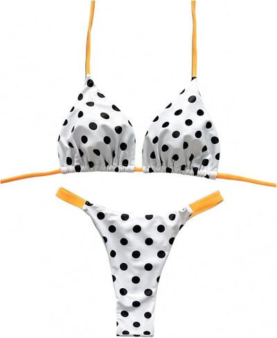 طقم بيكيني نسائي مكون من قطعتين منقط بسلسلة مثلثة لباس سباحة ذو قصة عالية in Kuwait