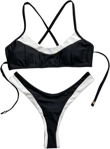 MAKEMECHIC Women's 2 Piece Summer Swimsuit Color Block Criss Cross High Cut Cheeky Beach Micro Bikini Sets in Saudi Arabia