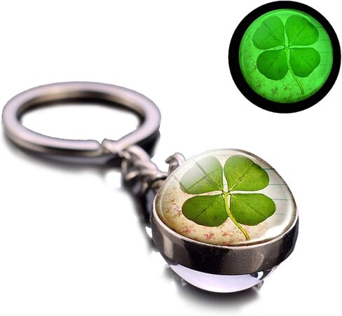 4-Blade Clover Keychain, Luminescent, Silver, Glass Ball, Modern, Adults, Men, Women, St. Patrick's Day, 20mm, 1 Count in Kuwait