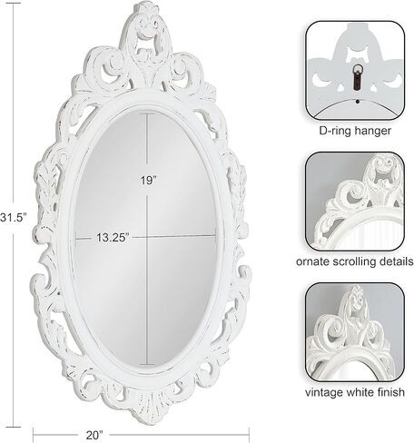 Kate and Laurel Pietra Traditional Decorative Oval Wall Mirror, 20 x 32, White, Soft Vintage Mirror with Ornate Carved Detailing for Small Powder Room Vanity in Saudi Arabia
