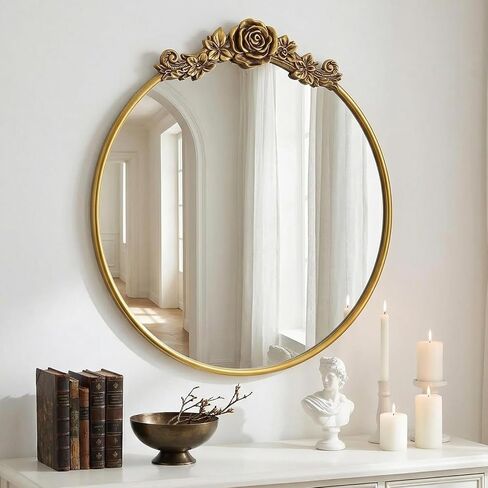 مرآة حائط دائرية باروكية عتيقة مقاس 20 بوصة مرآة ذهبية مزخرفة للحمام بإطار منحوت عتيق مرآة مميزة لغرفة المعيشة وغرفة النوم ومدخل الغرور in Kuwait