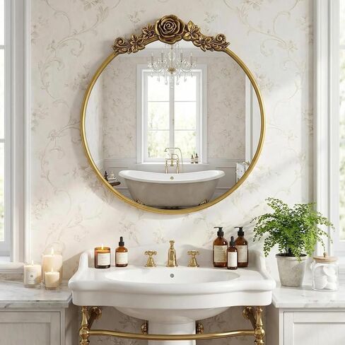 مرآة حائط دائرية باروكية عتيقة مقاس 20 بوصة مرآة ذهبية مزخرفة للحمام بإطار منحوت عتيق مرآة مميزة لغرفة المعيشة وغرفة النوم ومدخل الغرور in Kuwait