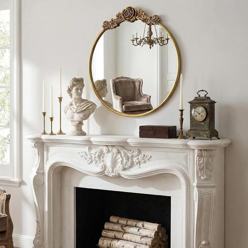 مرآة حائط دائرية باروكية عتيقة مقاس 20 بوصة مرآة ذهبية مزخرفة للحمام بإطار منحوت عتيق مرآة مميزة لغرفة المعيشة وغرفة النوم ومدخل الغرور in Kuwait