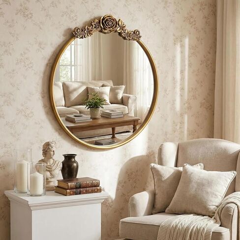 مرآة حائط دائرية باروكية عتيقة مقاس 20 بوصة مرآة ذهبية مزخرفة للحمام بإطار منحوت عتيق مرآة مميزة لغرفة المعيشة وغرفة النوم ومدخل الغرور in Kuwait