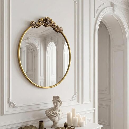 مرآة حائط دائرية باروكية عتيقة مقاس 20 بوصة مرآة ذهبية مزخرفة للحمام بإطار منحوت عتيق مرآة مميزة لغرفة المعيشة وغرفة النوم ومدخل الغرور in Kuwait