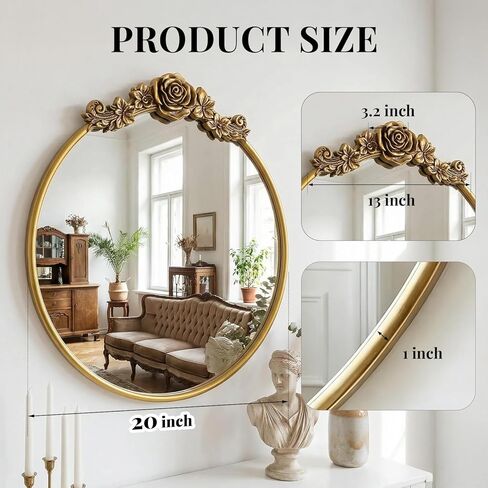 مرآة حائط دائرية باروكية عتيقة مقاس 20 بوصة مرآة ذهبية مزخرفة للحمام بإطار منحوت عتيق مرآة مميزة لغرفة المعيشة وغرفة النوم ومدخل الغرور in Kuwait