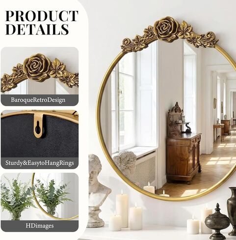 مرآة حائط دائرية باروكية عتيقة مقاس 20 بوصة مرآة ذهبية مزخرفة للحمام بإطار منحوت عتيق مرآة مميزة لغرفة المعيشة وغرفة النوم ومدخل الغرور in Kuwait