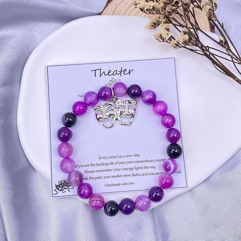 Drama Mask Charm Bracelet, Amethyst Stone Bead Jewelry, Perfect Theater Gifts for Musical Theater Lovers, Actors in Kuwait