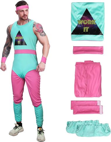 5 Pieces Mens 80s Workout Costume Sportswear Fitness Exercise Bodysuit Blue Leotard Leggings Leg Warmers Headband in Saudi Arabia