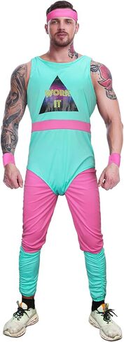 5 Pieces Mens 80s Workout Costume Sportswear Fitness Exercise Bodysuit Blue Leotard Leggings Leg Warmers Headband in Saudi Arabia