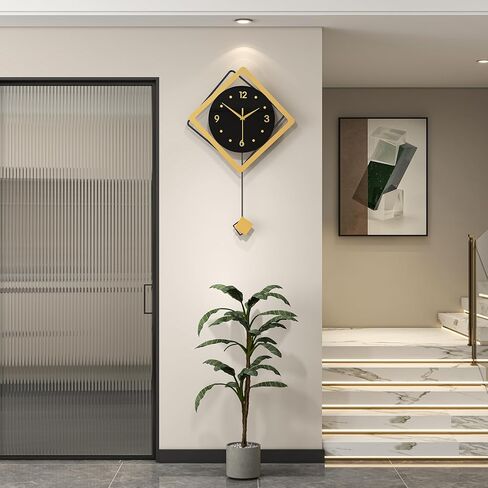 ساعة حائط كبيرة مزخرفة بندول ساعة حائط تعمل بالبطارية ذات جودة صامتة كوارتز سوداء ساعة حديثة لغرفة المعيشة وغرفة النوم والمطبخ وغرفة الطعام والمكتب والمدرسة وديكور المنزل، 12.9 × 22.8 بوصة in Kuwait
