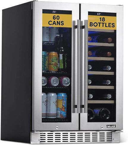 NewAir 15" Wine, Beer, Beverage Refrigerator Cooler | 9 Bottle, 48 Can Capacity | Stainless Steel Built-in or Freestanding Dual Zone Drink Fridge |Triple-Pane Glass Door, Digital Temperature Control in Kuwait