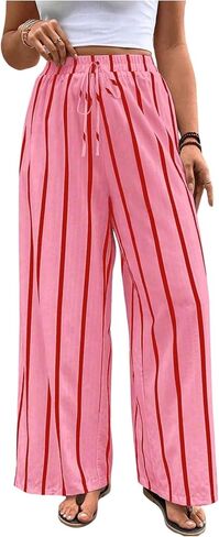 SOLY HUX Women's Striped Wide Leg Pants Tie Front High Waisted Baggy Pants Casual Vacation Trousers in Kuwait