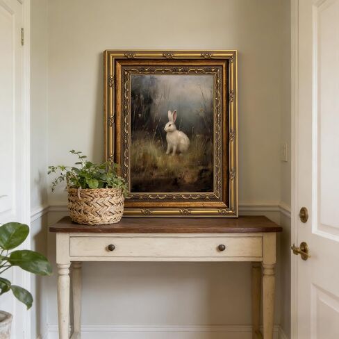 Vintage Gold Carved Frame Canvas Wall Art Hare Rabbit Painting Picture Wall Decor Retro Dark Rabbit Poster Print Artwork for Living Room 9x11in in Saudi Arabia